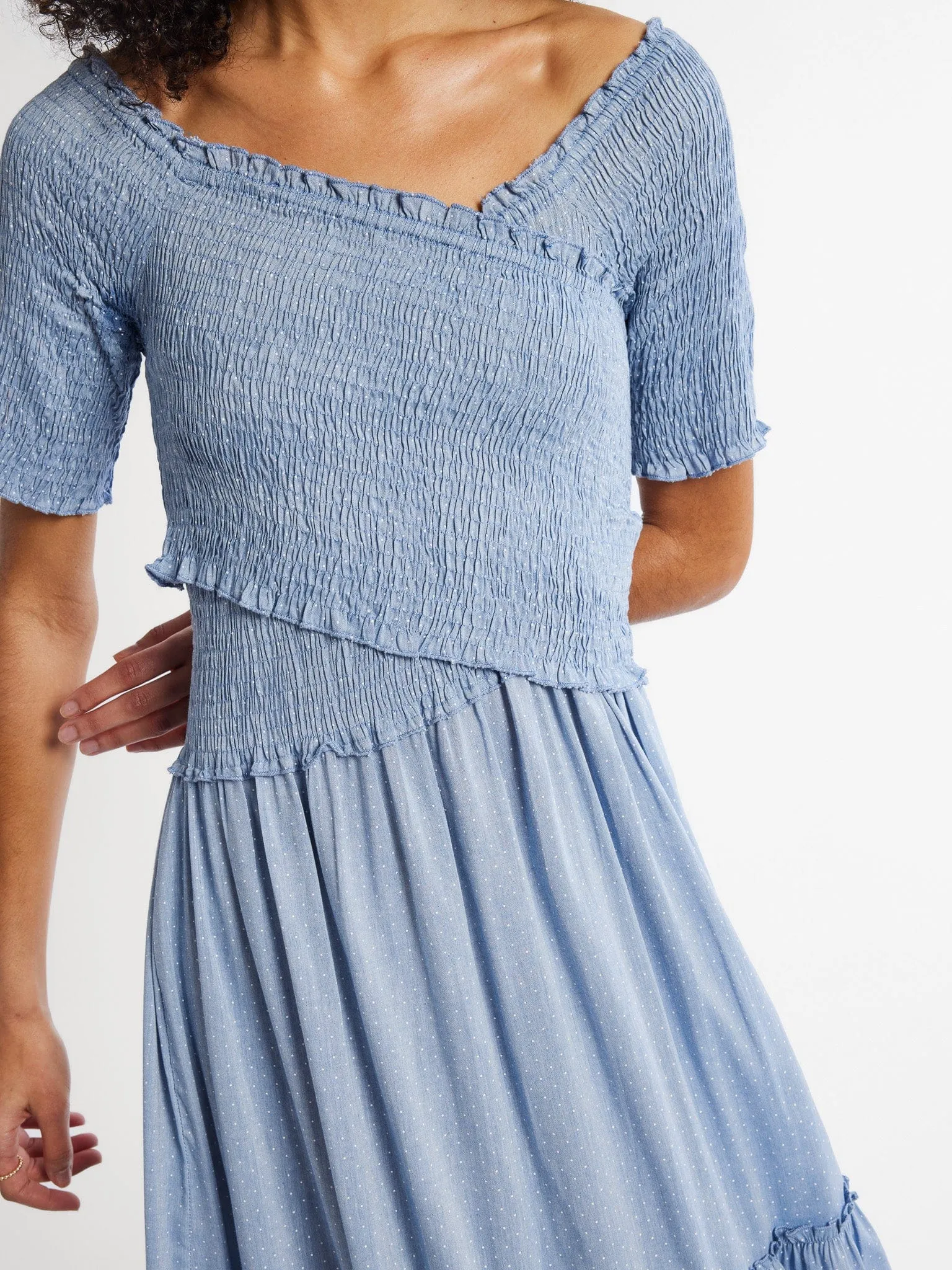 Celia Dress in Chambray Polka Dot