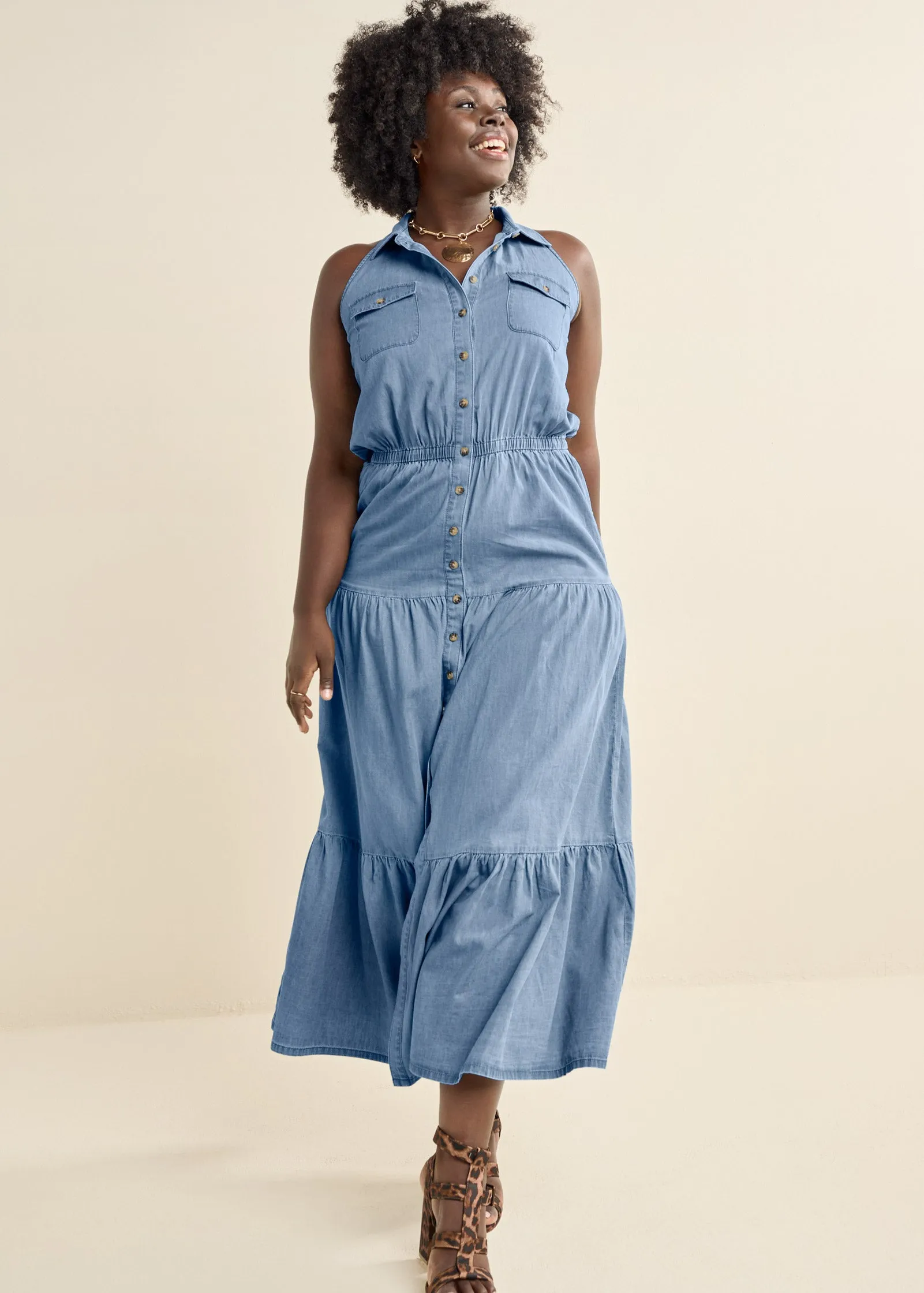 Chambray Tiered Maxi Dress  - Medium Wash