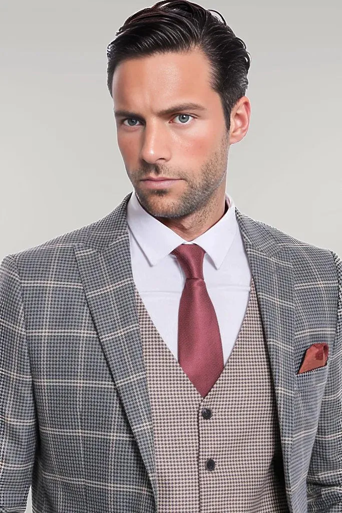 Checked Patterned Beige Vested Slim Fit Grey Men Suit - Wessi