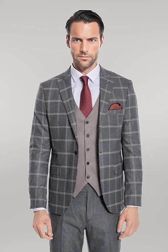 Checked Patterned Beige Vested Slim Fit Grey Men Suit - Wessi