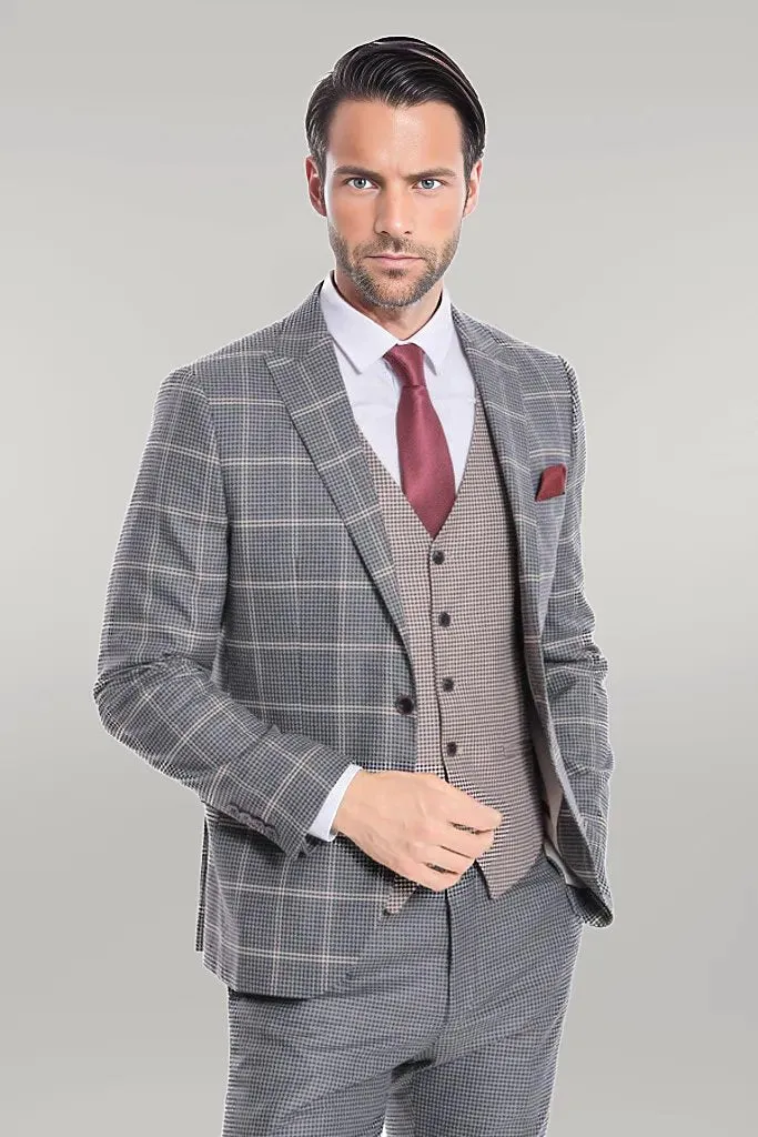 Checked Patterned Beige Vested Slim Fit Grey Men Suit - Wessi