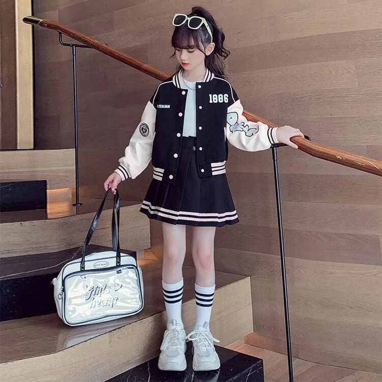 Children Baseball Jacket College Style Pleated Skirt Two-piece Set