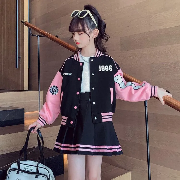 Children Baseball Jacket College Style Pleated Skirt Two-piece Set