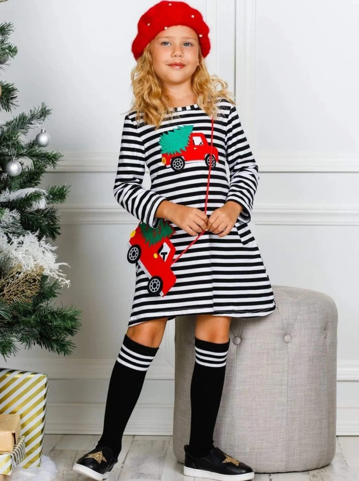 Christmas Haul Striped Pocket Dress, Purse and Socks Set