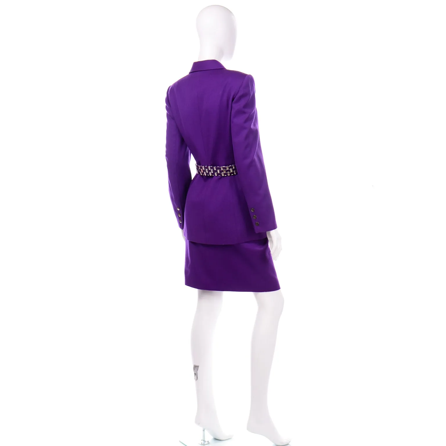 Claude Montana Purple Skirt Jacket Suit With Metal Woven Leather Belt