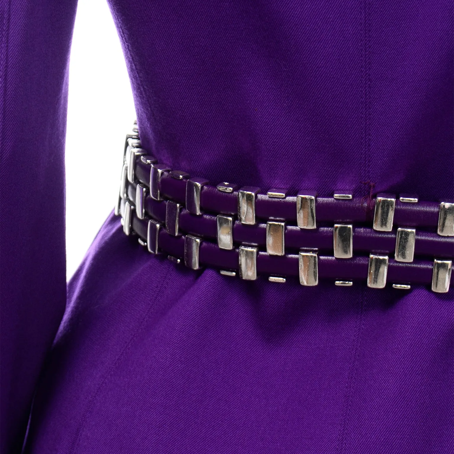 Claude Montana Purple Skirt Jacket Suit With Metal Woven Leather Belt