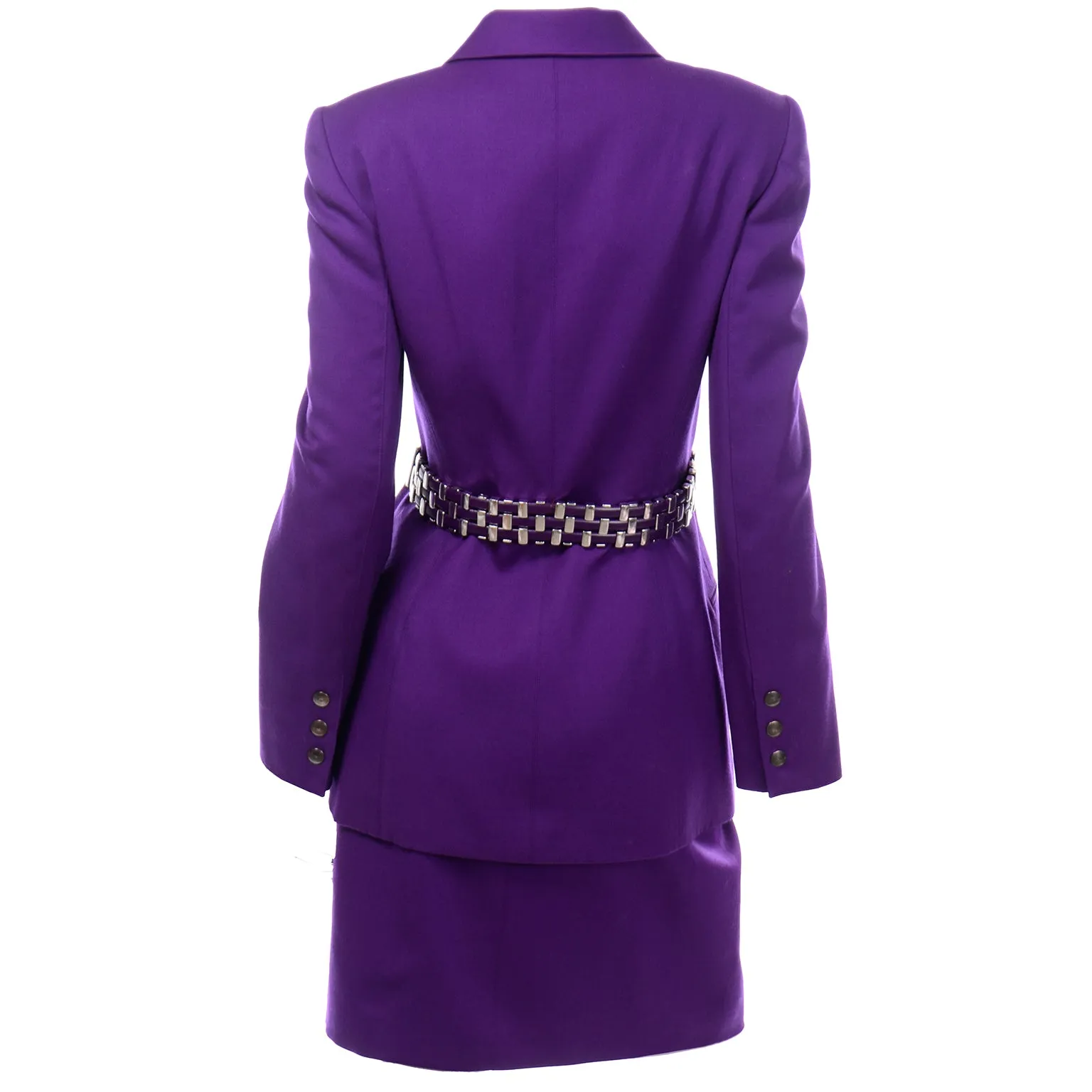 Claude Montana Purple Skirt Jacket Suit With Metal Woven Leather Belt