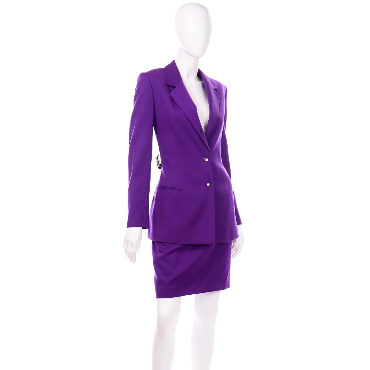 Claude Montana Purple Skirt Jacket Suit With Metal Woven Leather Belt