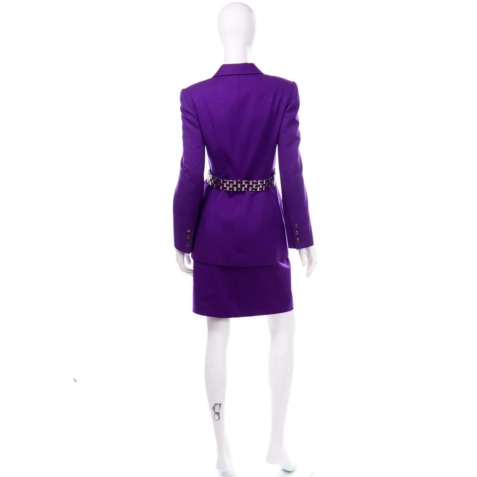 Claude Montana Purple Skirt Jacket Suit With Metal Woven Leather Belt