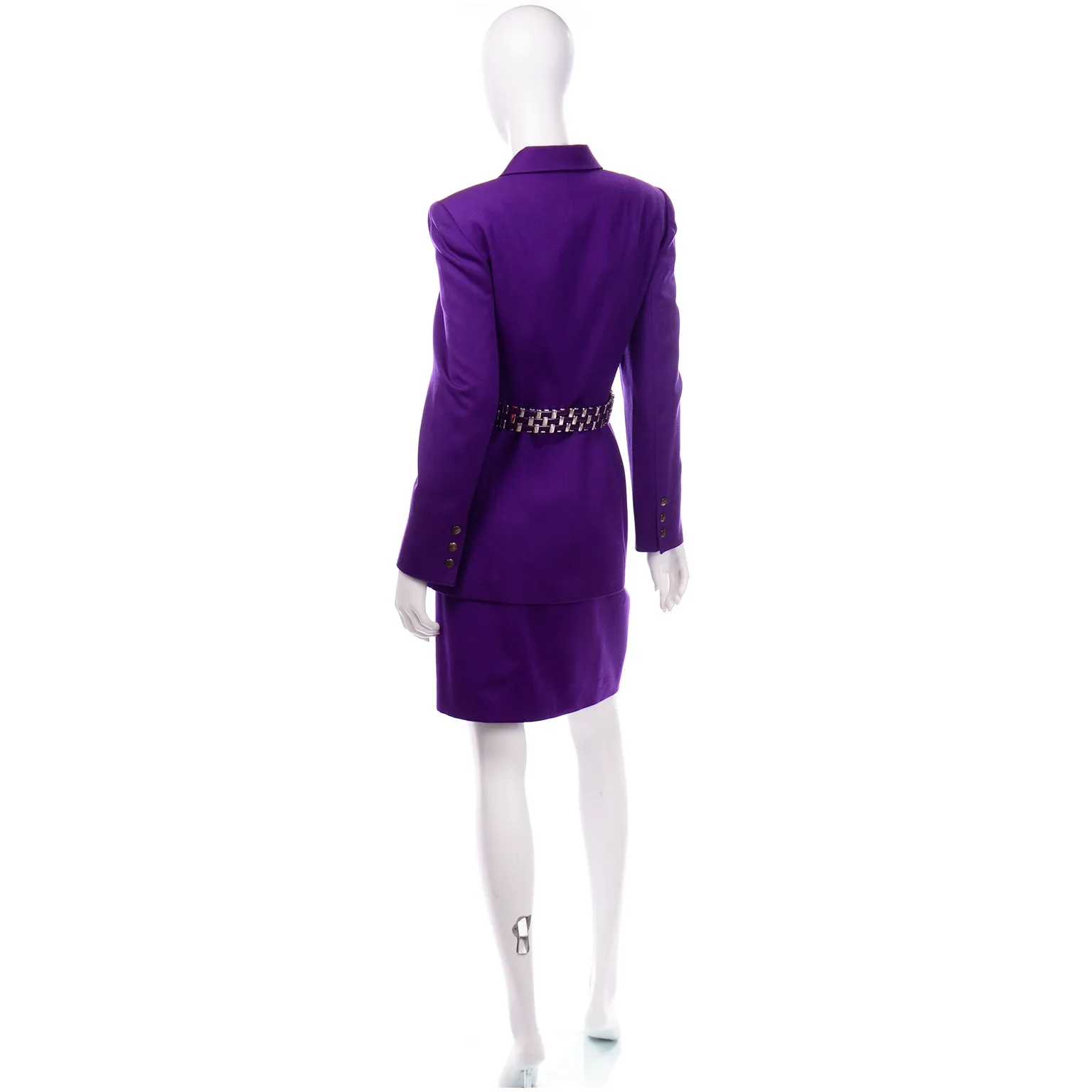 Claude Montana Purple Skirt Jacket Suit With Metal Woven Leather Belt