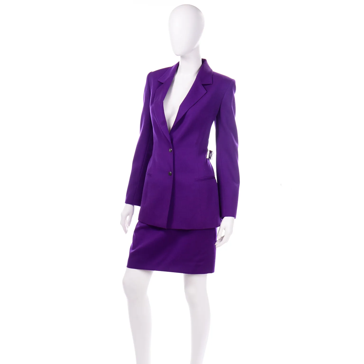 Claude Montana Purple Skirt Jacket Suit With Metal Woven Leather Belt