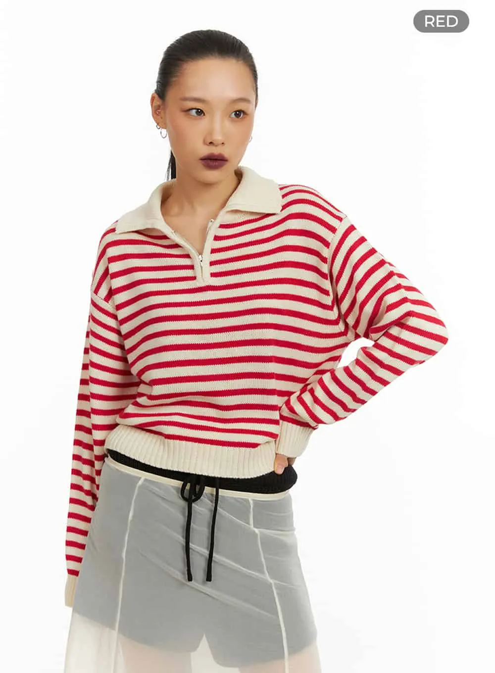 Collared Zip-Up Neck Pullover IA417