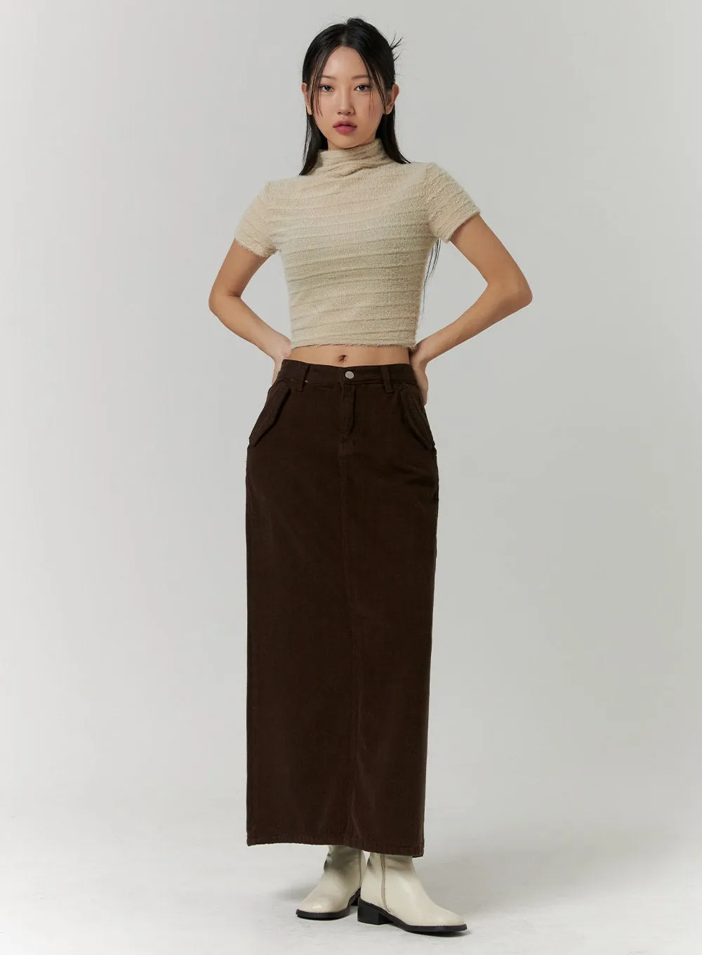 Corduroy Mid-Rise Solid Maxi Skirt CD315