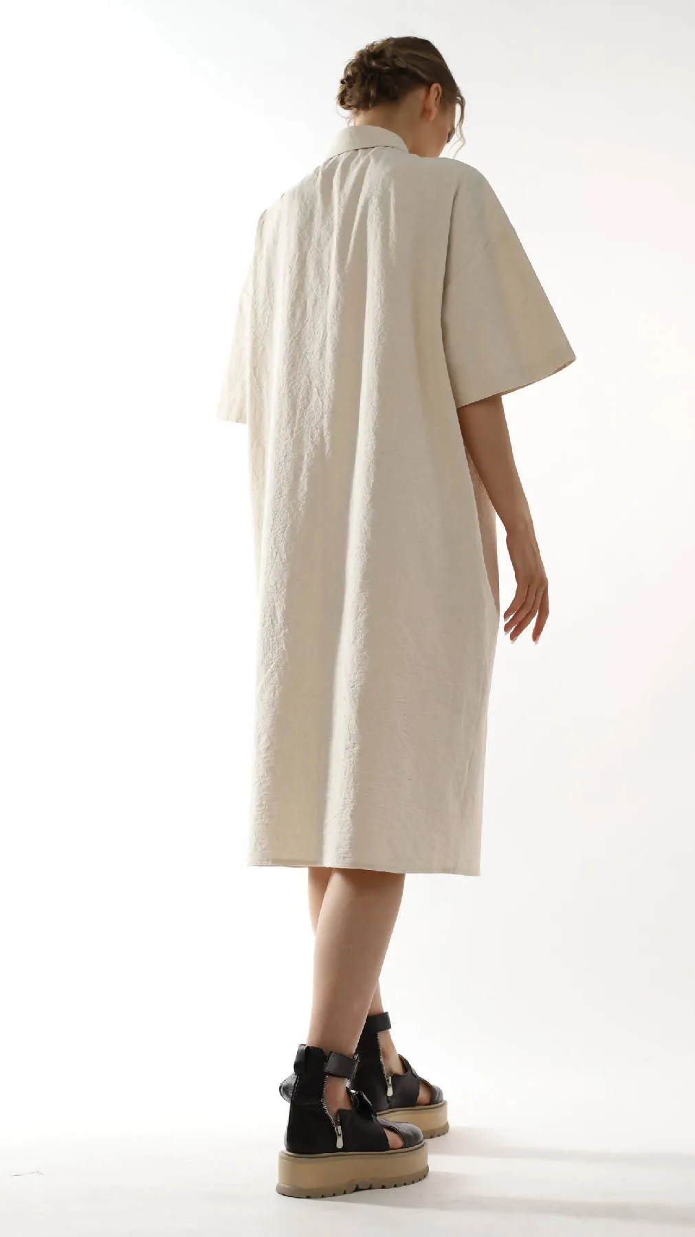 Cotton Maxi Shirt Dress in Pale Beige