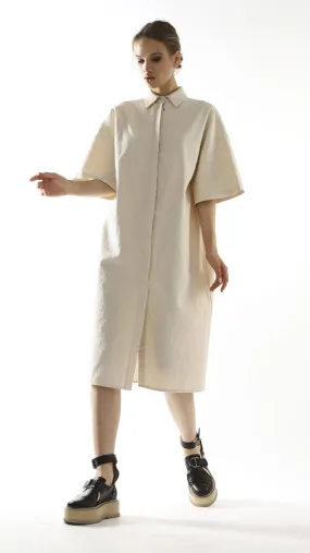 Cotton Maxi Shirt Dress in Pale Beige