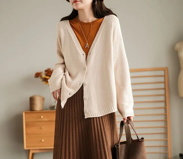 Cotton Sweater for Women, Casual Knit Sweater, Beige Cardigan Sweater