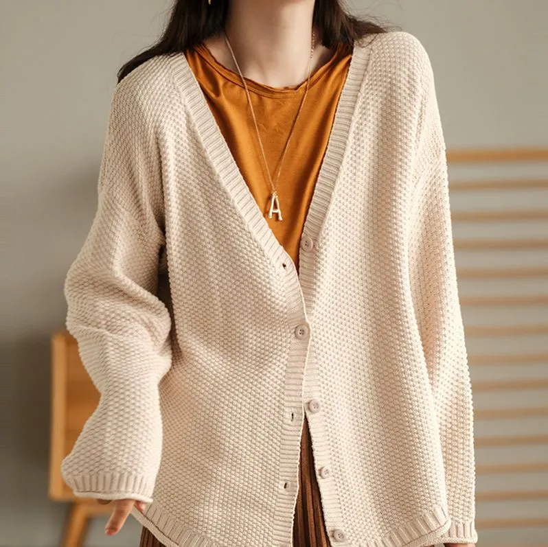 Cotton Sweater for Women, Casual Knit Sweater, Beige Cardigan Sweater