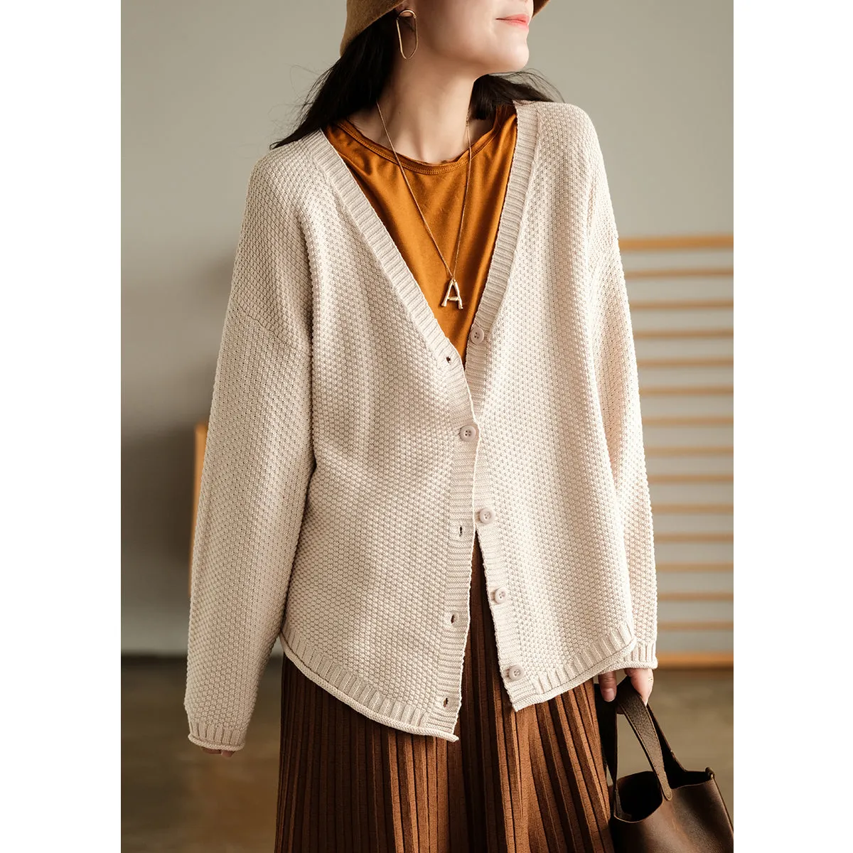 Cotton Sweater for Women, Casual Knit Sweater, Beige Cardigan Sweater