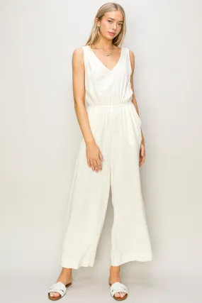 Cream Sleeveless Linen Jumpsuit