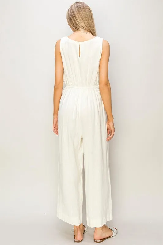 Cream Sleeveless Linen Jumpsuit