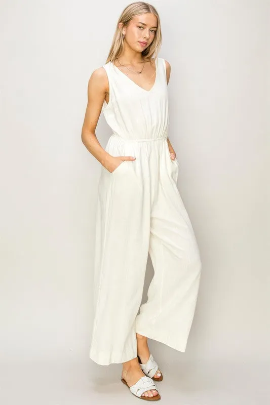 Cream Sleeveless Linen Jumpsuit