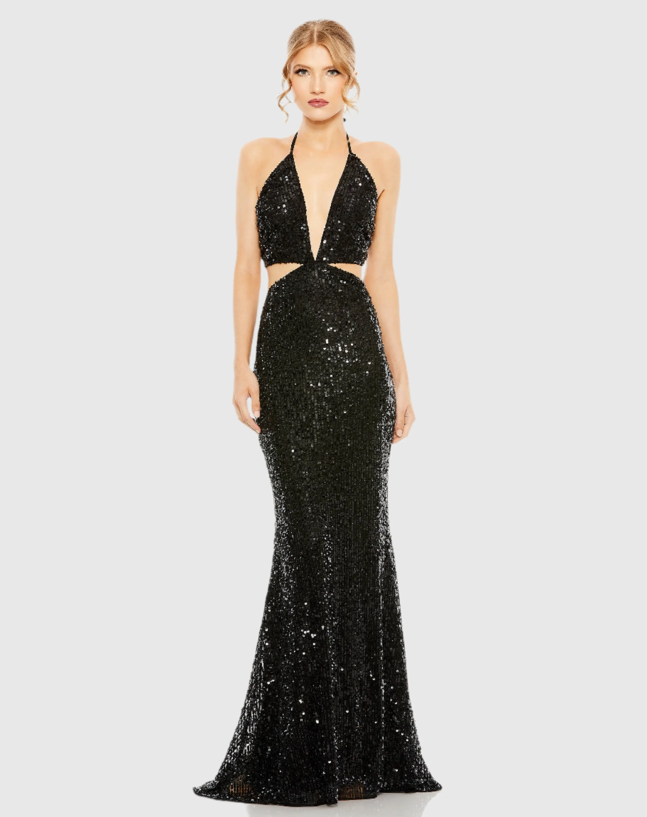 Cut Out Halter Tie Back Sequin Gown