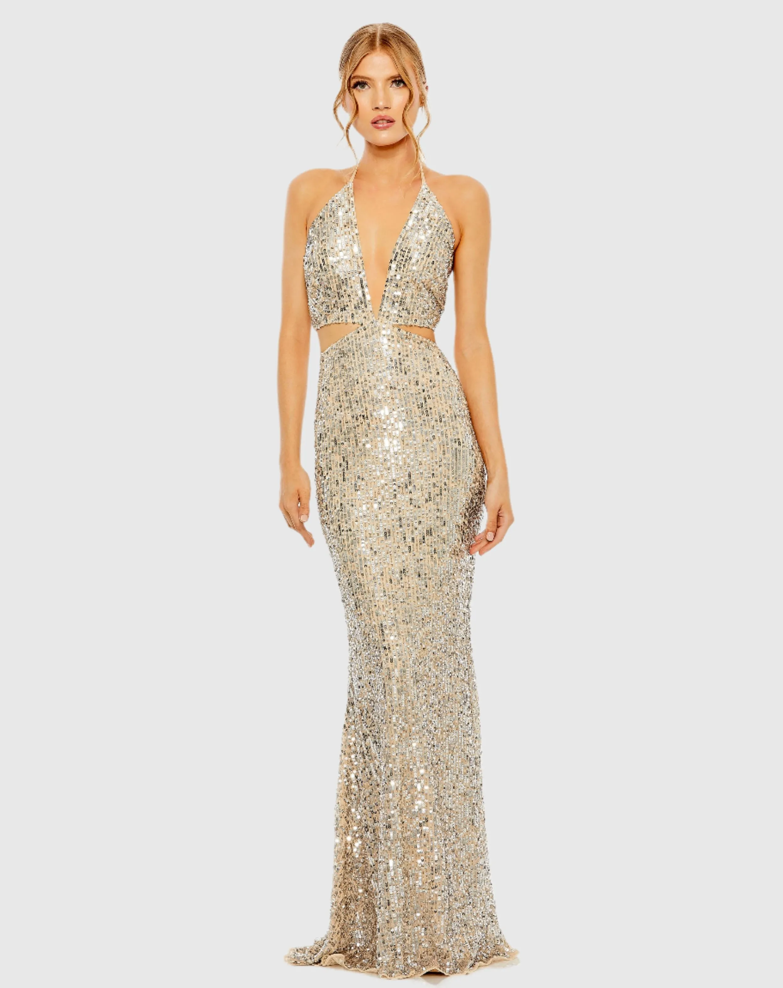 Cut Out Halter Tie Back Sequin Gown