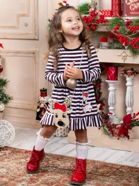 Cutest Reindeer Striped Dress, Purse and Hair Bow Set