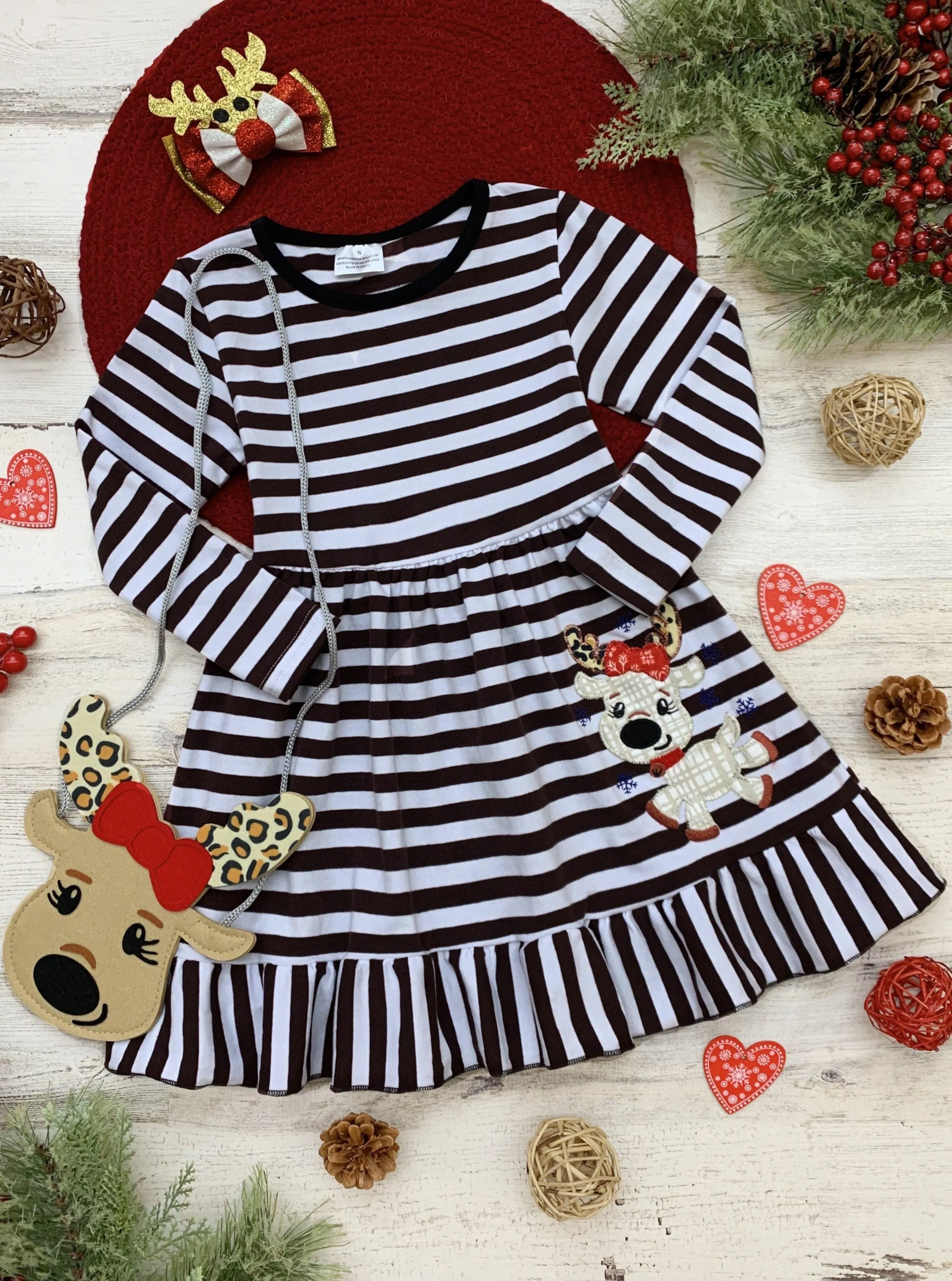 Cutest Reindeer Striped Dress, Purse and Hair Bow Set