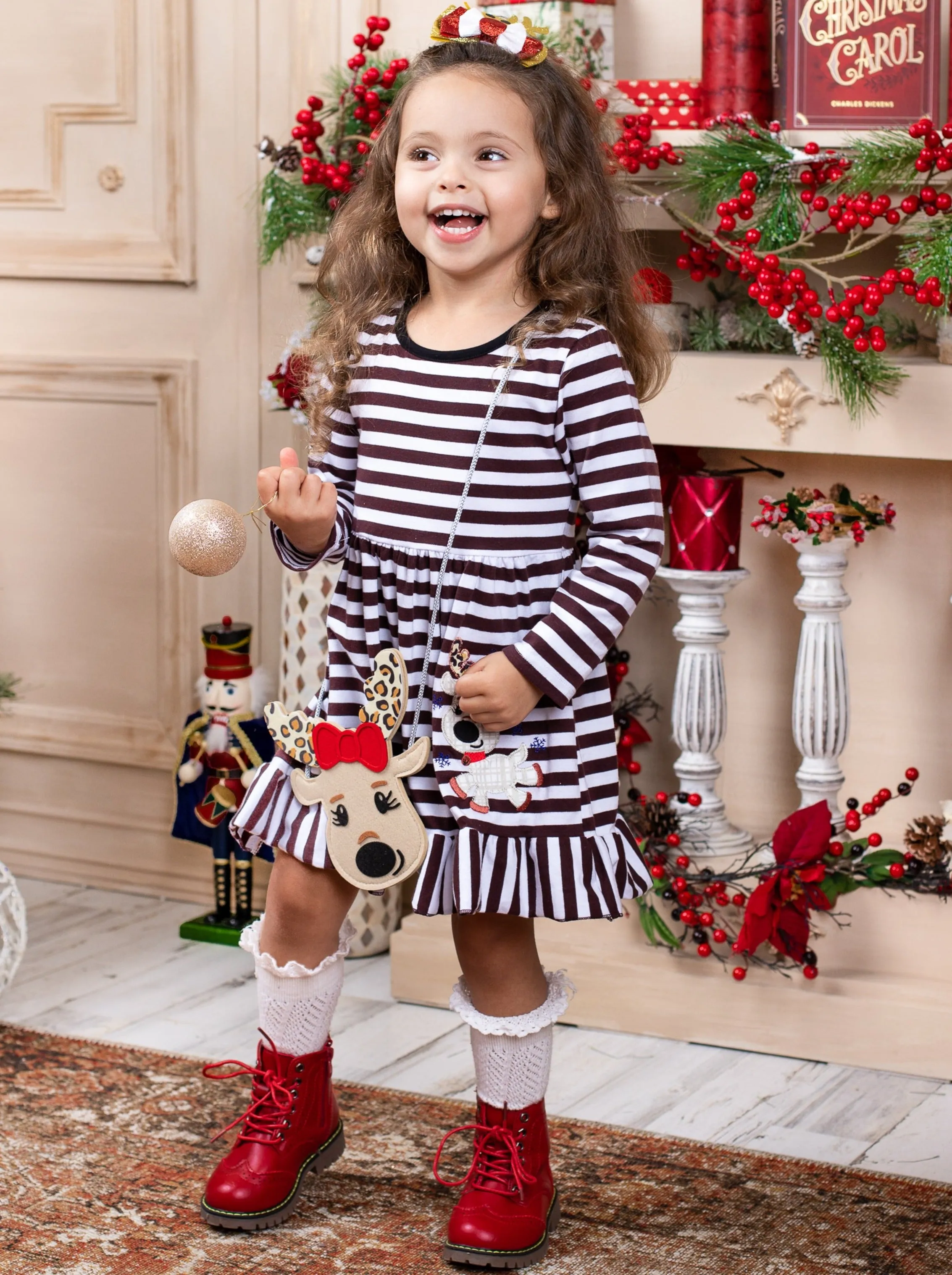 Cutest Reindeer Striped Dress, Purse and Hair Bow Set