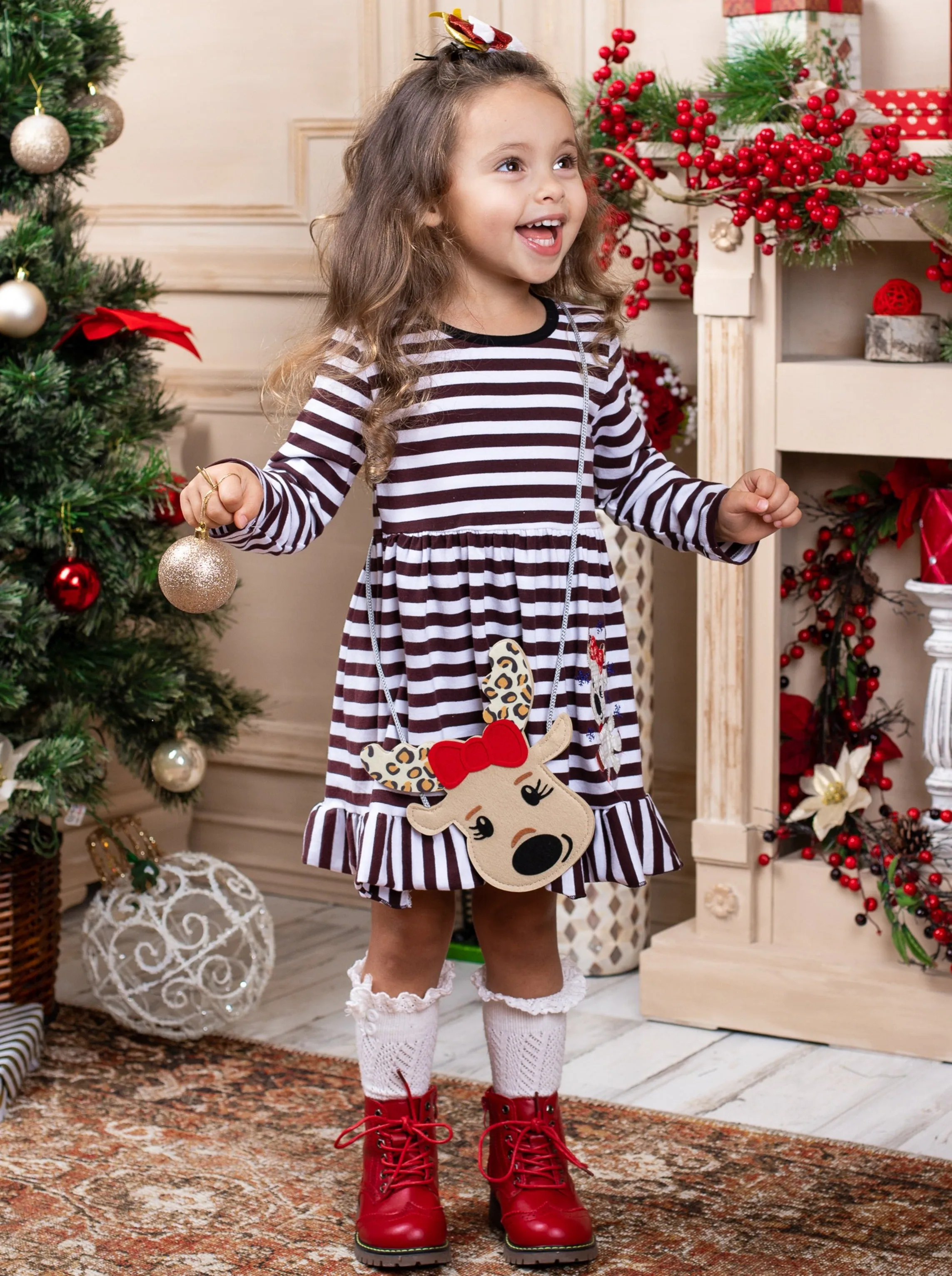 Cutest Reindeer Striped Dress, Purse and Hair Bow Set