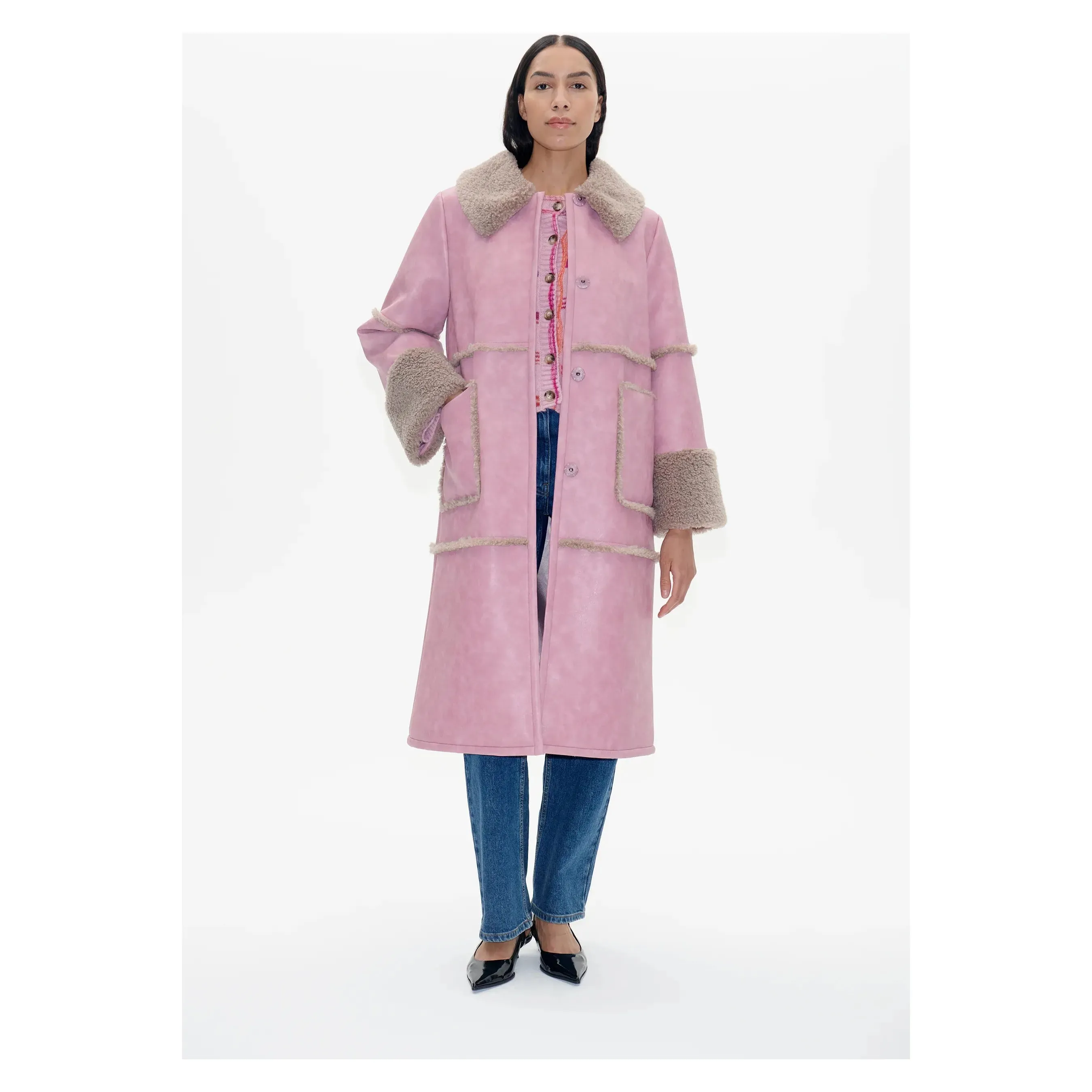 Dafne Shearling Detail Coat Washed Lilac