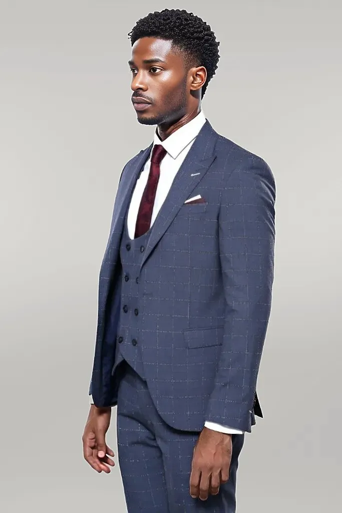 Dark Blue Vested Checked Men Suit | Wessi