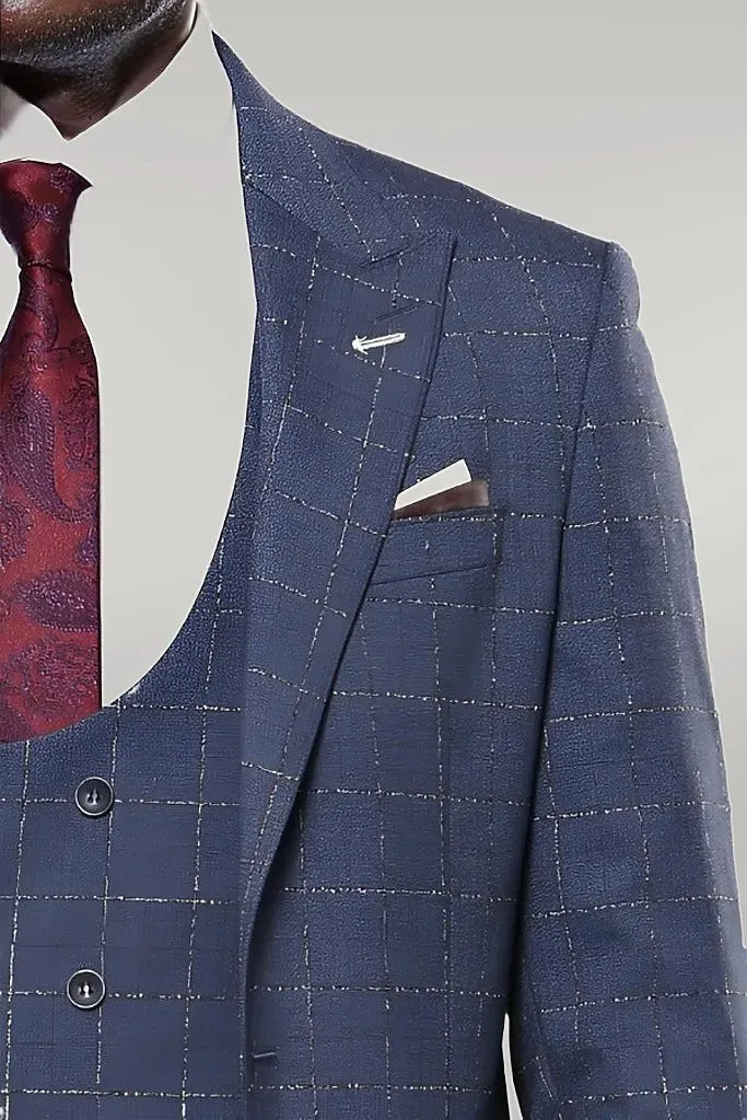 Dark Blue Vested Checked Men Suit | Wessi