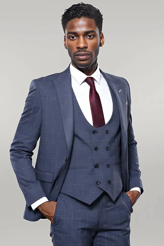 Dark Blue Vested Checked Men Suit | Wessi