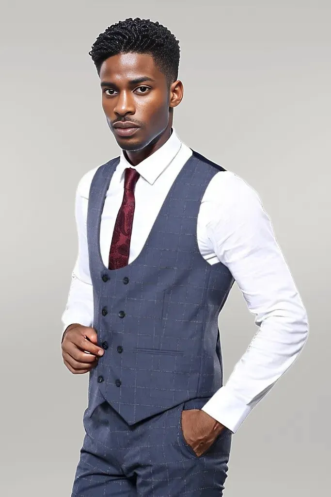 Dark Blue Vested Checked Men Suit | Wessi