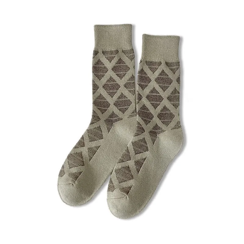 Diamond Pattern Fashion Plaid Knitting Cotton Crew Socks