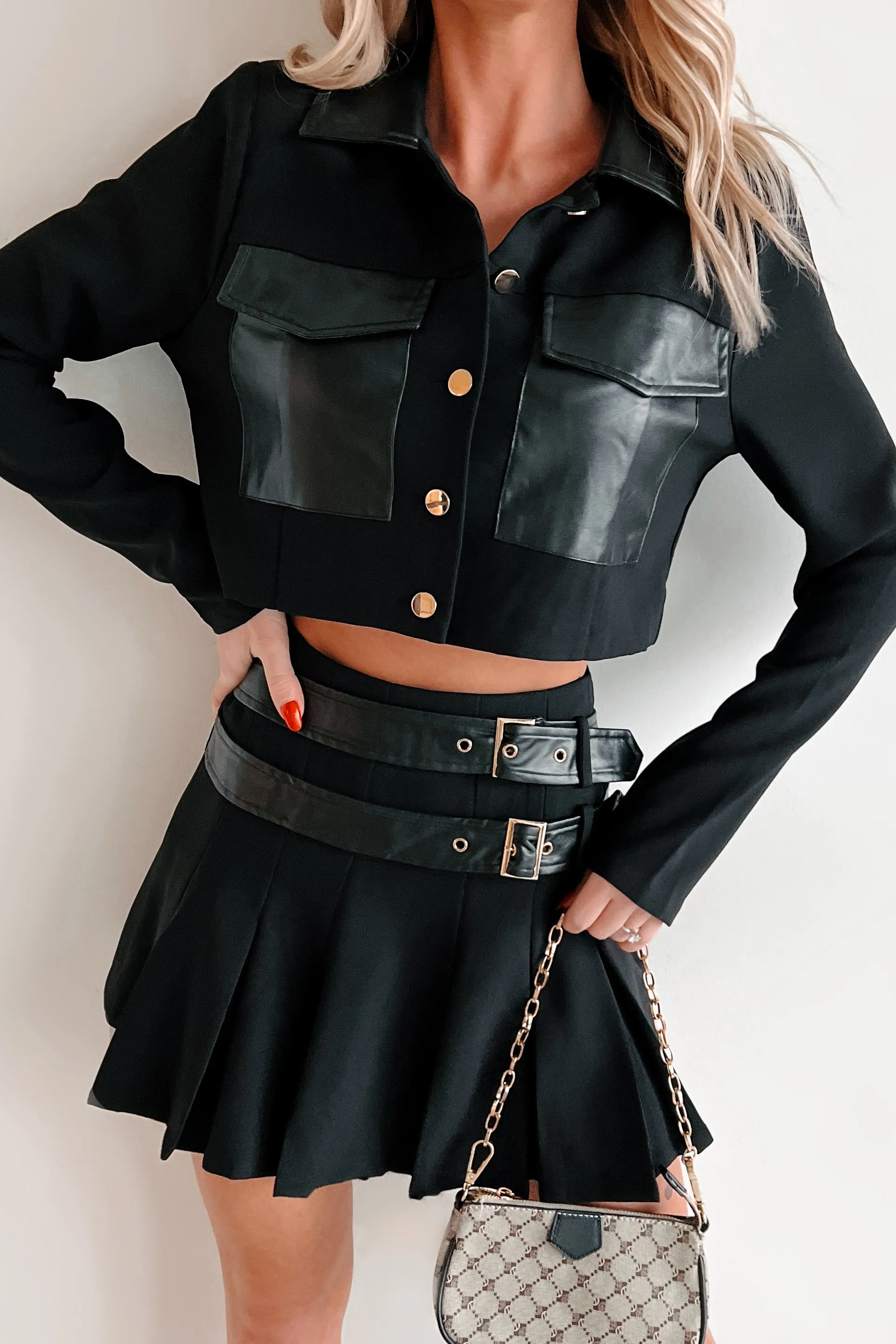 Different Type Of Girl Crop Jacket & Skirt Set (Black)