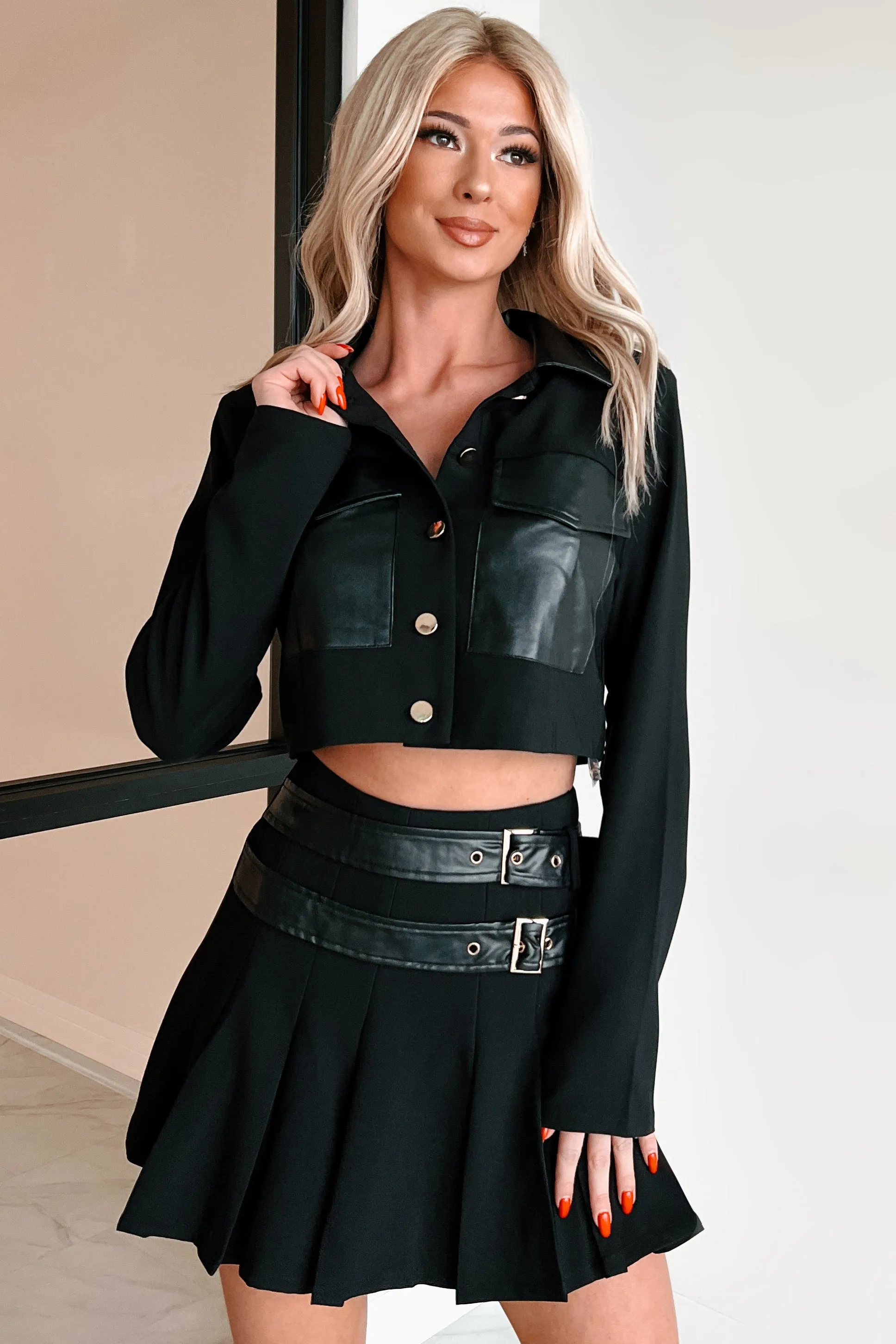 Different Type Of Girl Crop Jacket & Skirt Set (Black)