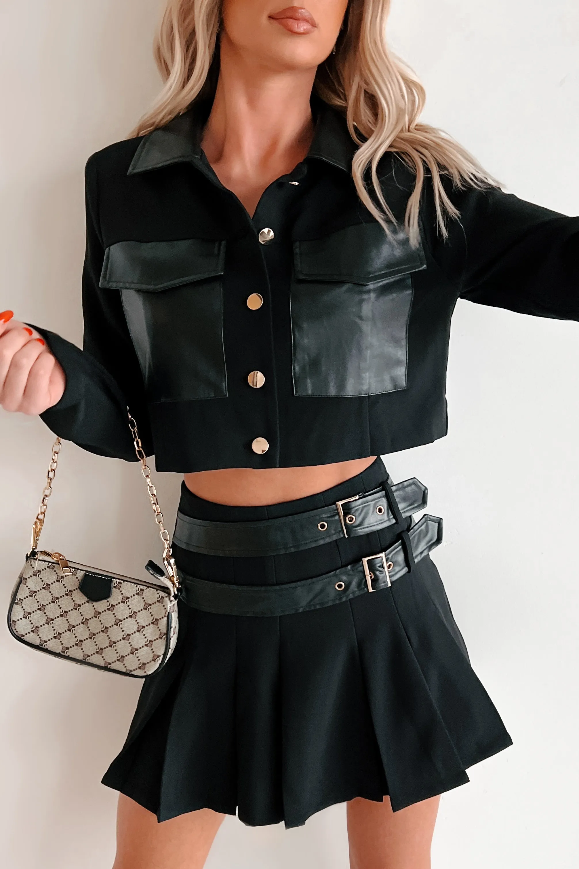 Different Type Of Girl Crop Jacket & Skirt Set (Black)