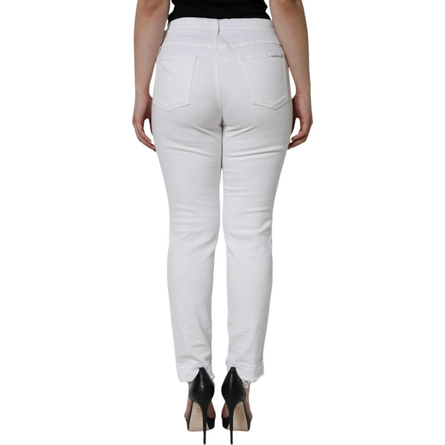 Dolce & Gabbana White Cotton Stretch Tattered Skinny Jeans