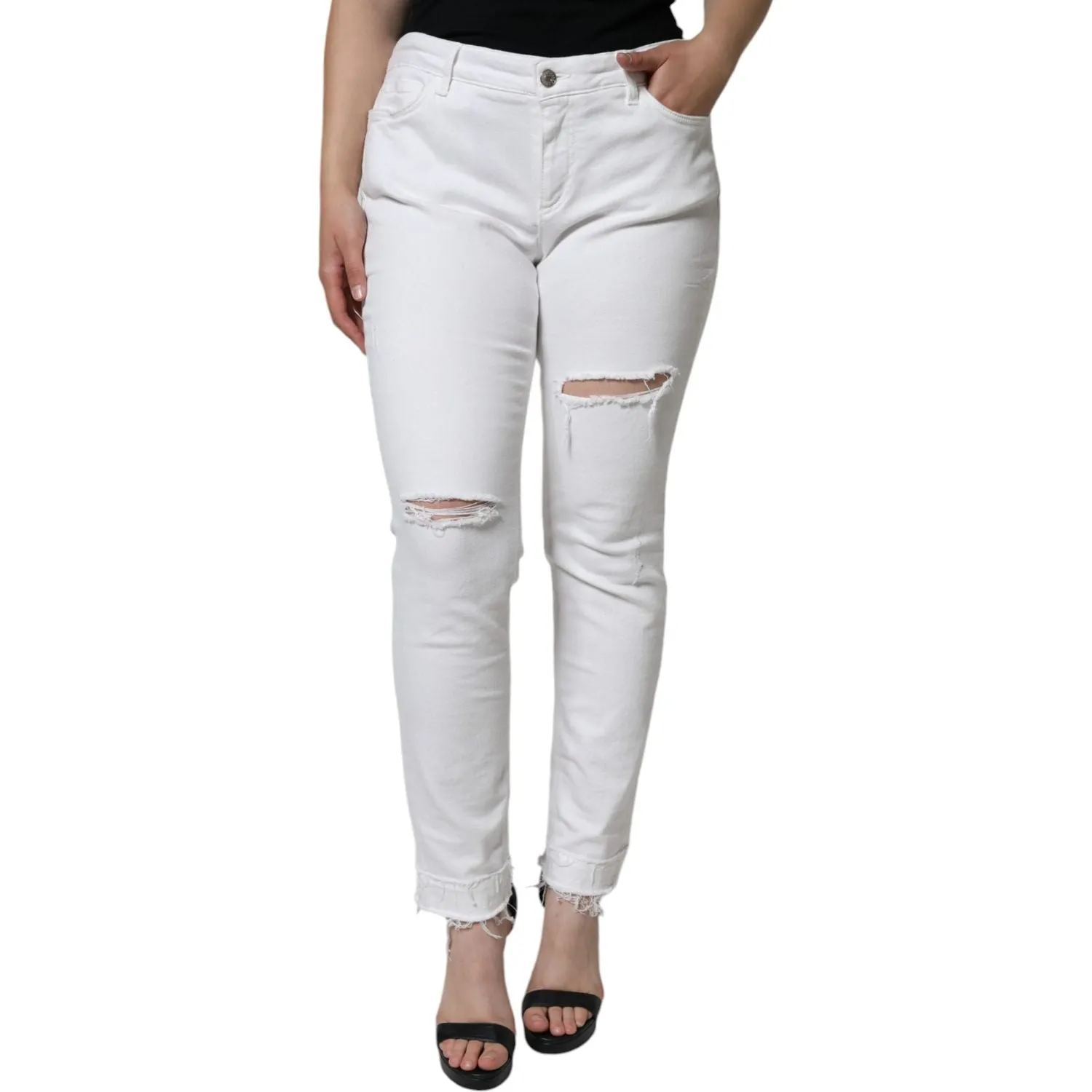 Dolce & Gabbana White Cotton Stretch Tattered Skinny Jeans