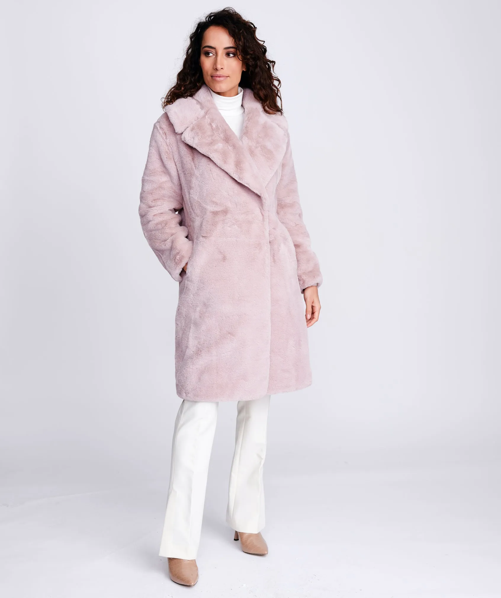 Dusty Pink Button Front Midi Faux Fur Coat