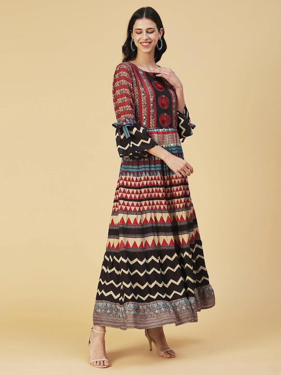 Ethnic Printed Sequined Dress With Belt - Rust