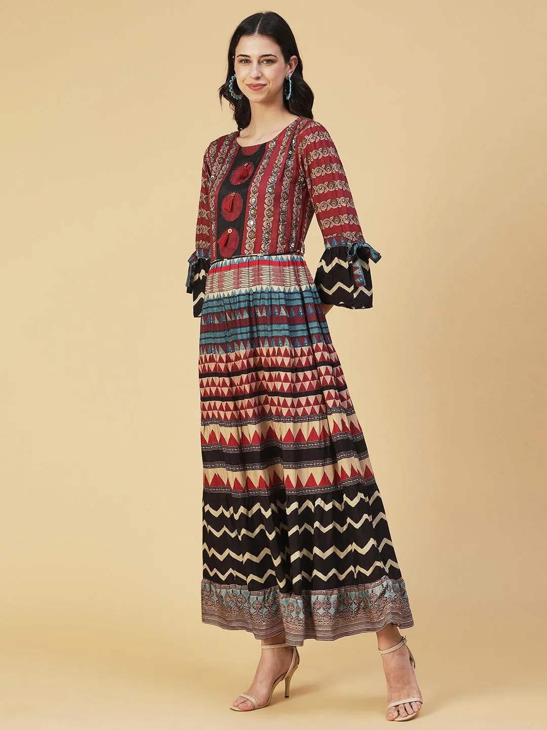 Ethnic Printed Sequined Dress With Belt - Rust