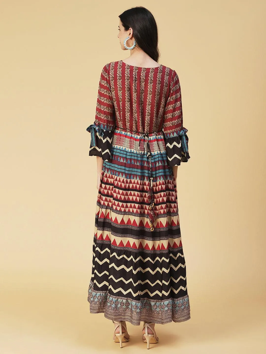 Ethnic Printed Sequined Dress With Belt - Rust