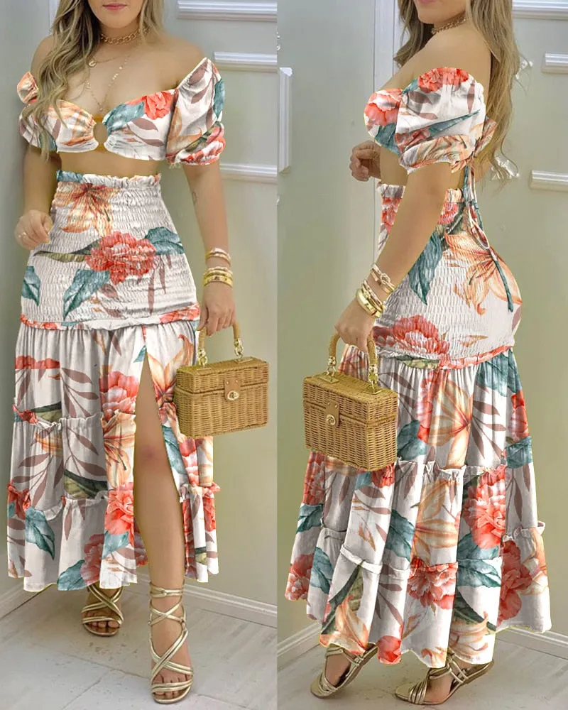 Fashionkova  2024 Summer Fashion Holiday Floral Print O Neck Crop Top Shirr  Slit High Waist Women Maxi Skirt Sets