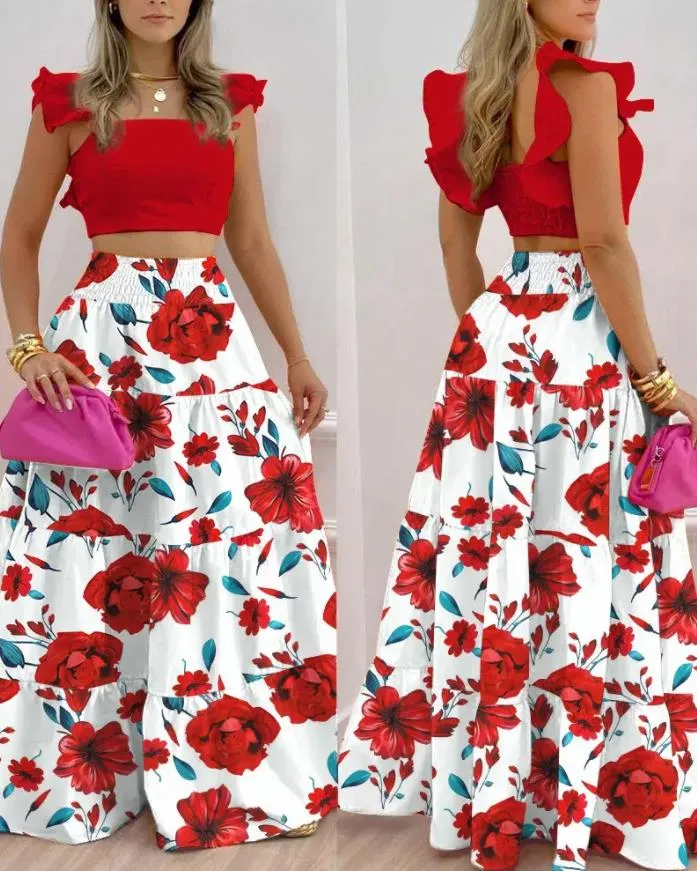 Fashionkova  2024 Summer Fashion Holiday Floral Print O Neck Crop Top Shirr  Slit High Waist Women Maxi Skirt Sets