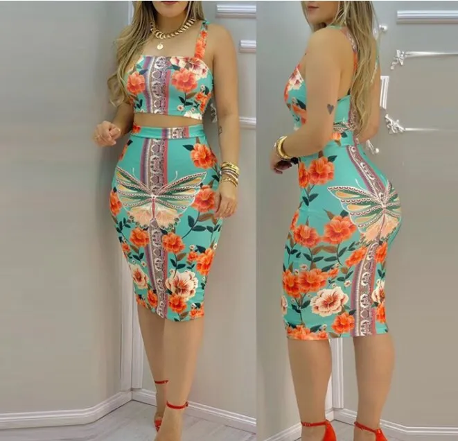 Fashionkova  2024 Summer Fashion Holiday Floral Print O Neck Crop Top Shirr  Slit High Waist Women Maxi Skirt Sets