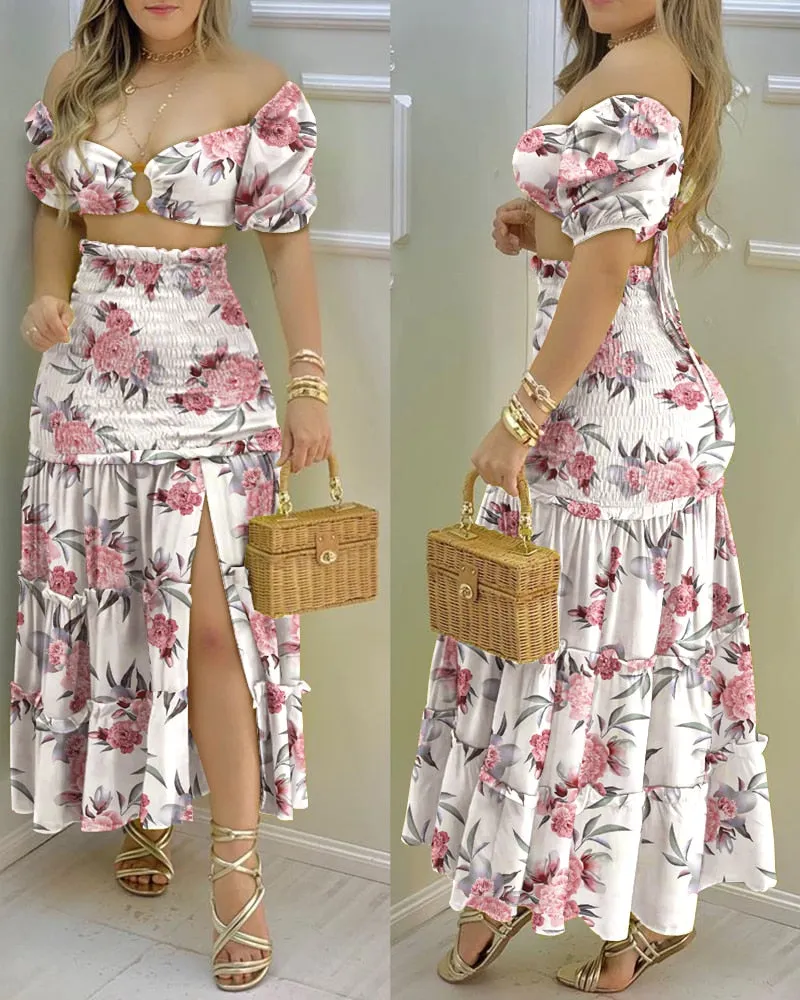 Fashionkova  2024 Summer Fashion Holiday Floral Print O Neck Crop Top Shirr  Slit High Waist Women Maxi Skirt Sets